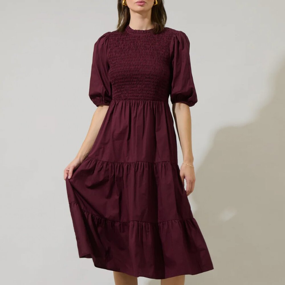 Sugarlips Penza Smocked Tiered Midi Dress - Large - Merlot - NWT